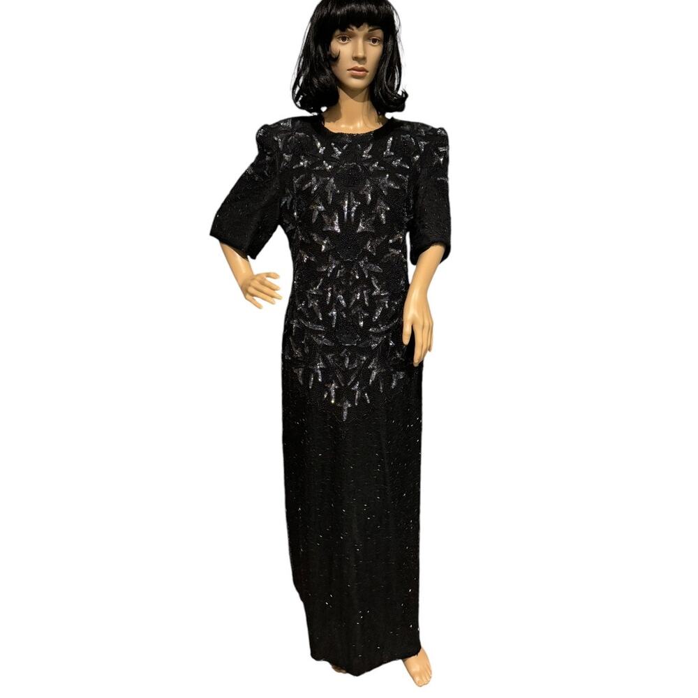 Vintage Y2K Carina Silk Sequenced and beaded long Black formal dress size large